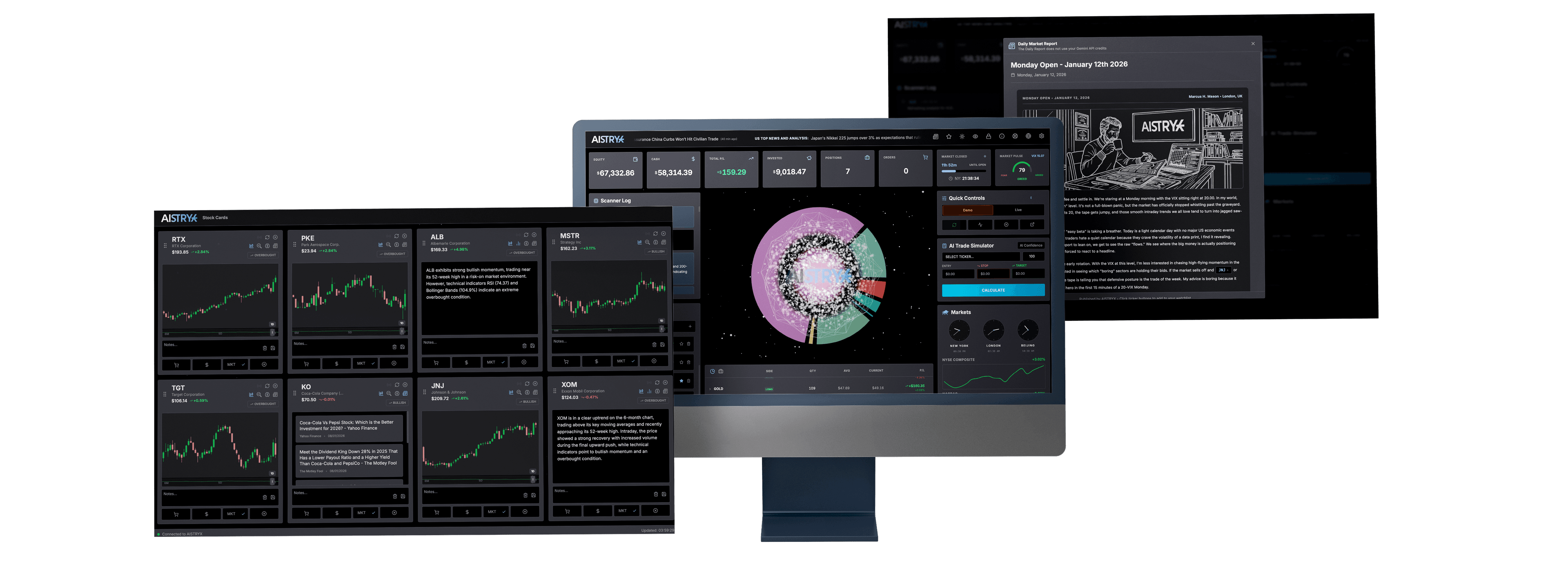 AISTRYX interface showcasing AI analysis, trading signals, and portfolio controls